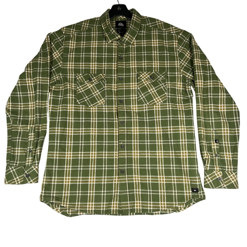 Quiksilver Mens Modern Fit Flannel Shirt Green Plaid Long Sleeve Large Cotton
